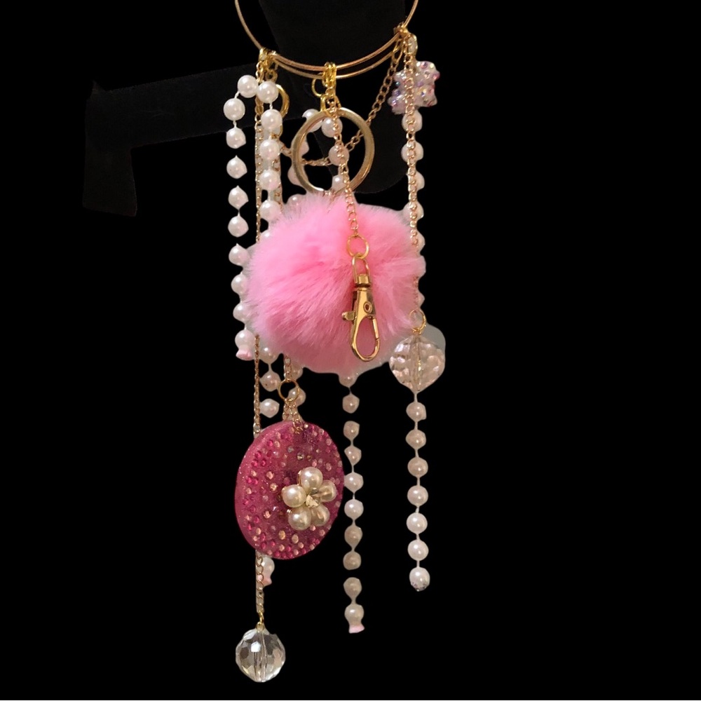 Charm Bracelet Keychain Rearview Mirror Hang Gold Pink Pearls PomPom GLAM